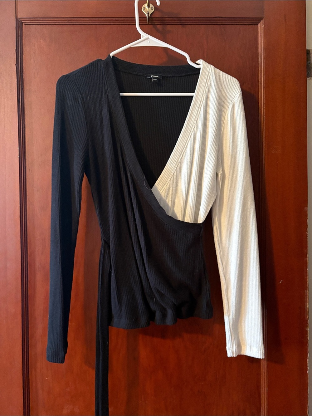 Express Colorblock Wrap Ribbed Long-Sleeve Top - Black & White